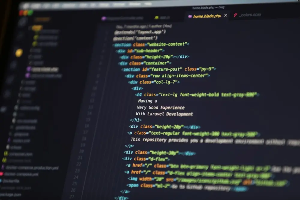 Computer screen displaying HTML code for a web development project