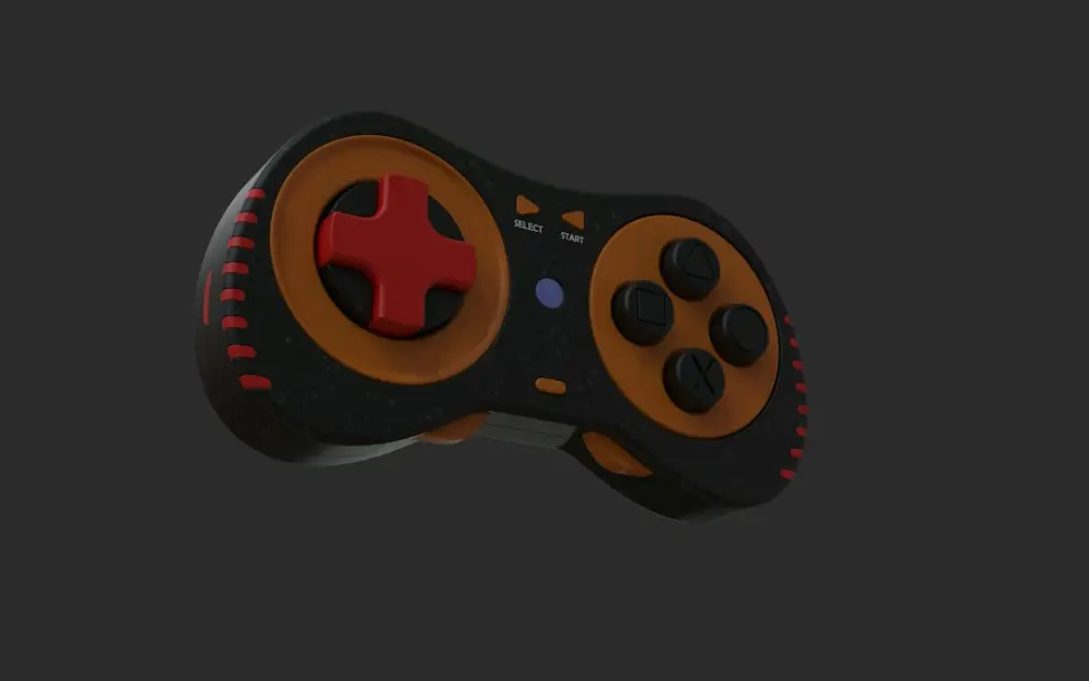 A black and orange video game controller with red buttons, illustrating real-time rendering workflows